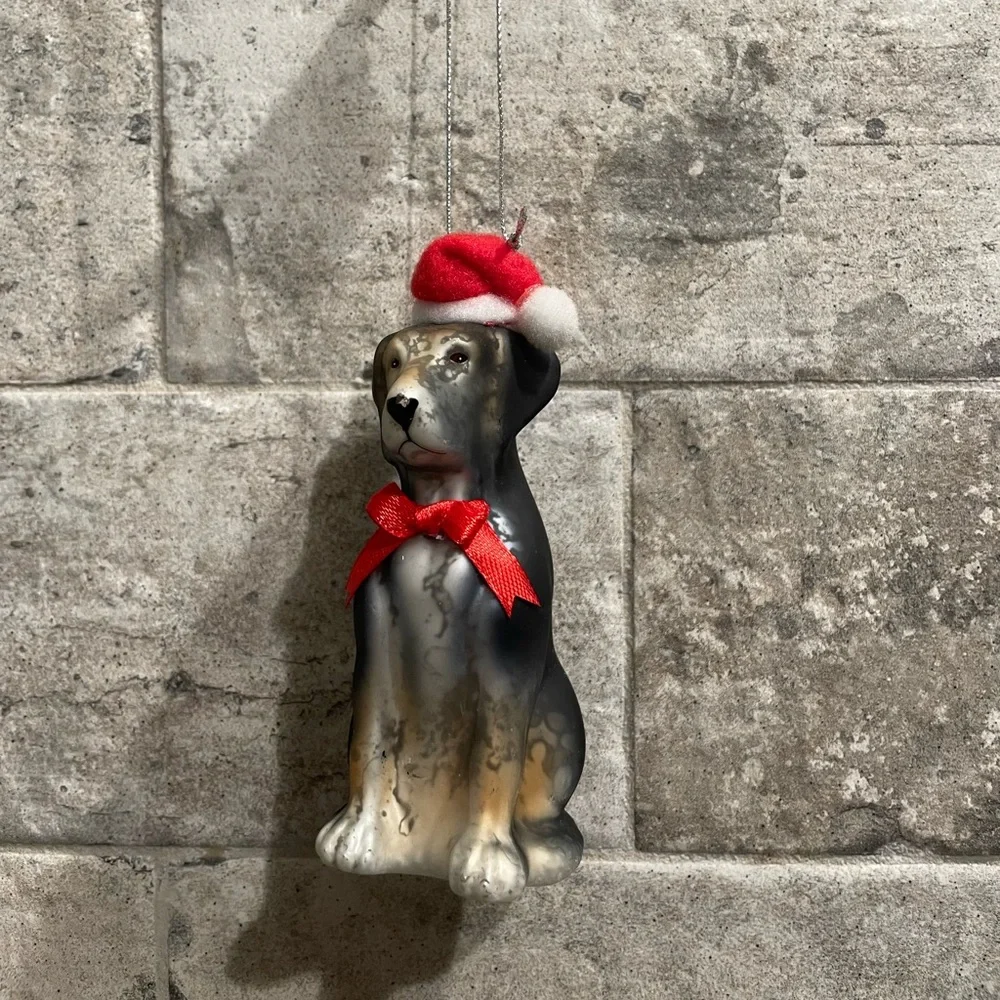 ❤️ POTTERY BARN BLOWN GLASS SANTA GERMAN SHERPARD DOG ORNAMENT NEW